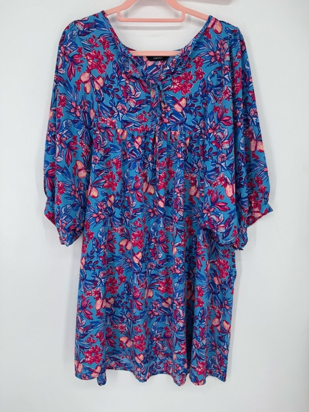 Dokotoo Women's Blue and Pink Floral Mini Dress With Tie Neck Size XL